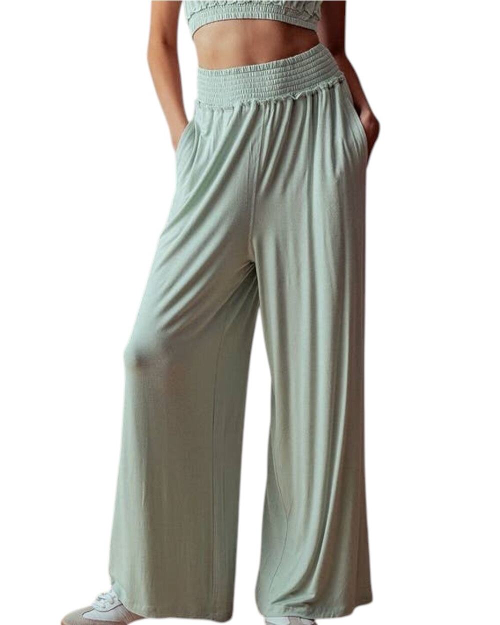 Mint Green Wide Leg Lounge Pants Smocked High Waist Flowy Palazzo Trousers small